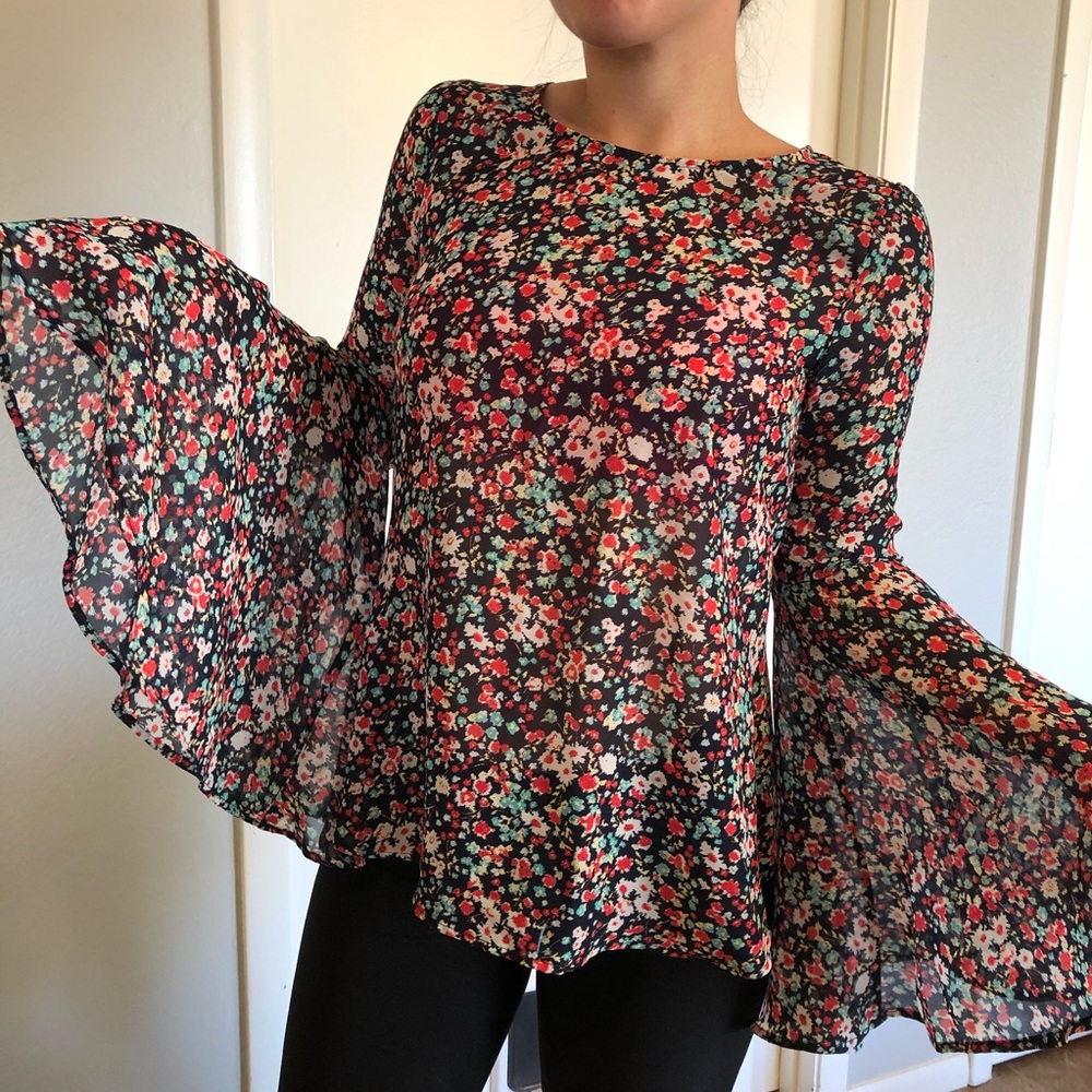 Floral Bell Sleeve Chiffon Top